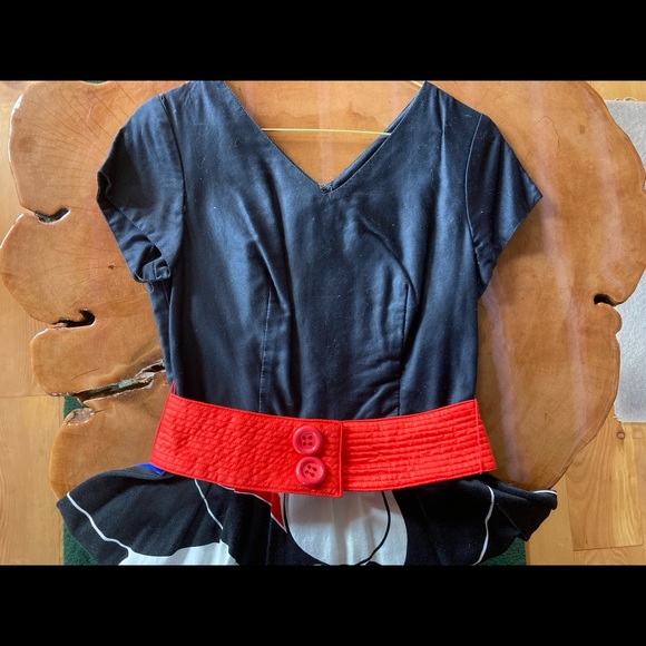 Act I Black Top Party Dress, Red Belt, Skirt Multicolour Bright Abstract Design - Picture 3 of 6